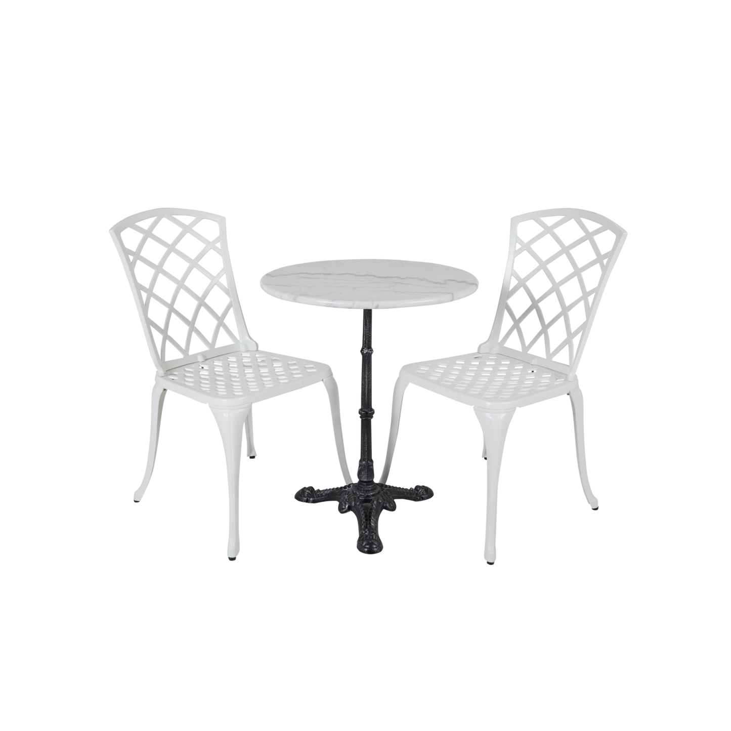 Loire caféset med Arras stolar – Vit marmor/svart bord + 2 vita stolar