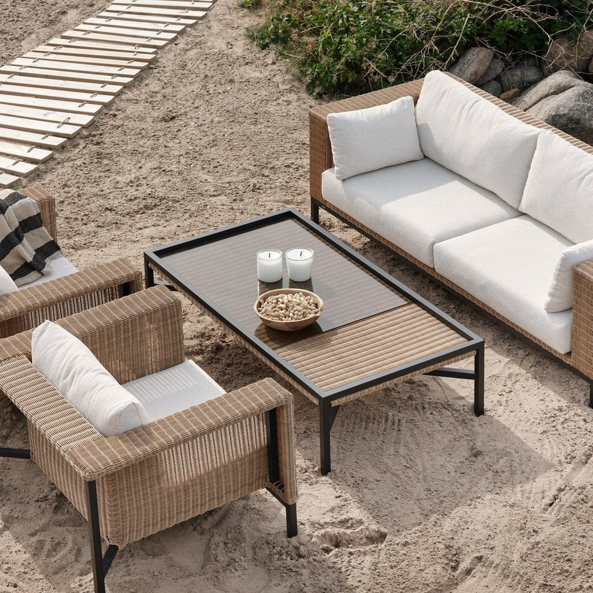 Shell soffgrupp Rustik/Teddy Rice - Skyltexemplar (2 fåtöljer + 2,5-sits soffa + soffbord)
