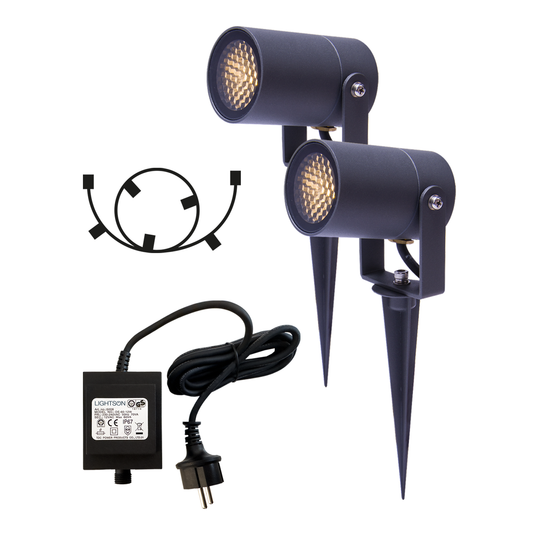 Luna markspot Start – 12 V Plug & Play, 2‑pack med transformator och grenkabel