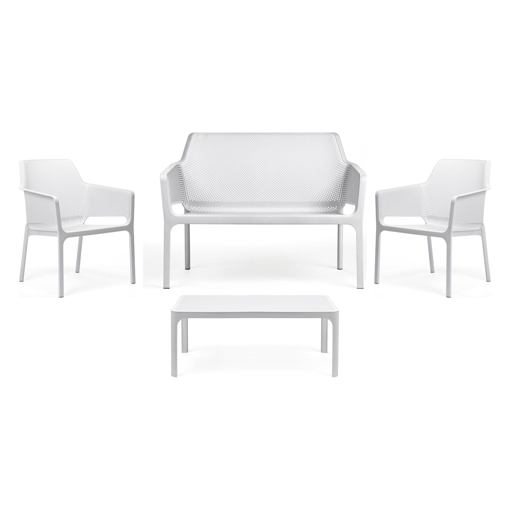 Nardi Net Loungegrupp bianco – Net Bench, två Net Relax och Net Soffbord 100