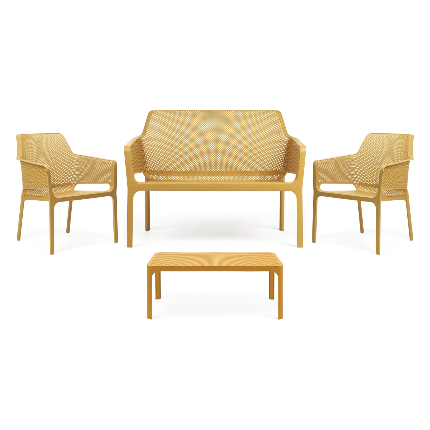 Nardi Net Loungegrupp senape – Net Bench, två Net Relax och Net Soffbord 100